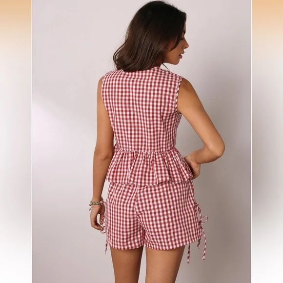 Gingham Picnic Peplum Ruffle Tie Side & Front Short Set M - Picture 5 of 6